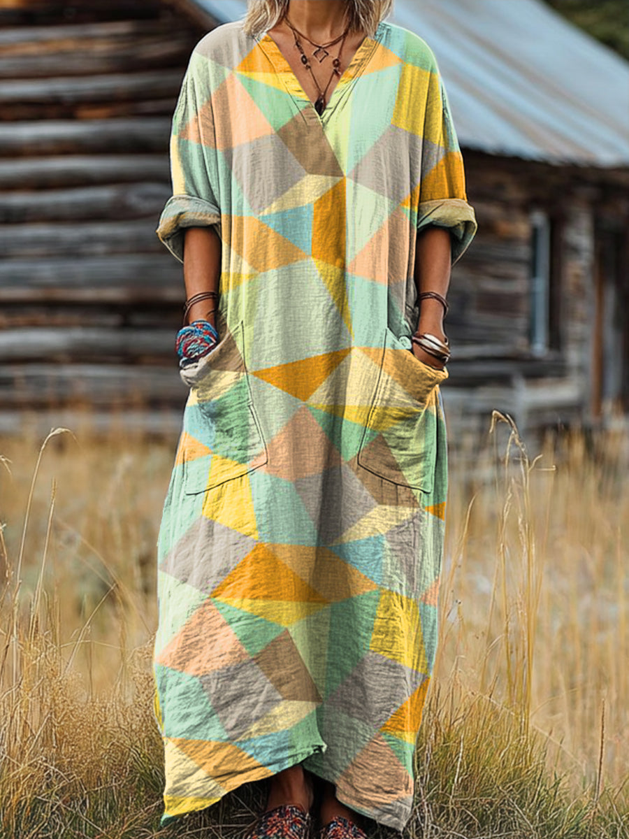 Women's Vintage Abstract Rhombus Geometric Painting Art Print Pocket V-neck Cotton Dress