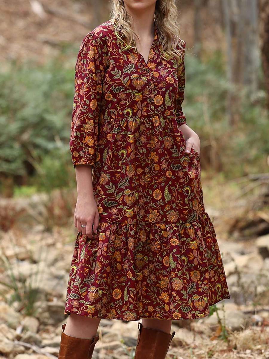 Women's Retro Floral Print V-Neck Long Sleeve Pocket Casual Loose Linen Dress