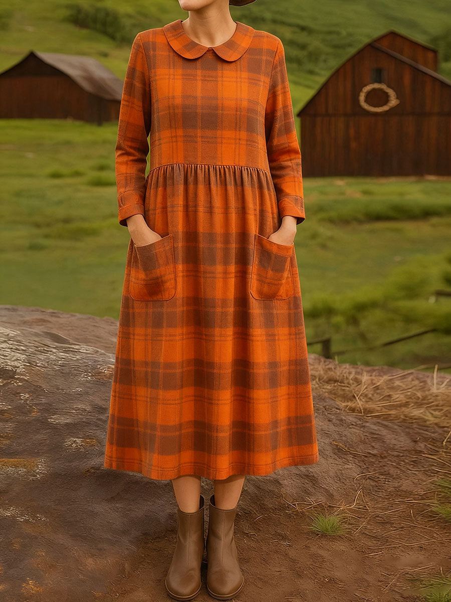 Women's Vintage  Plaid  Art Print Cotton Lapel Button-Down Shirt Dress