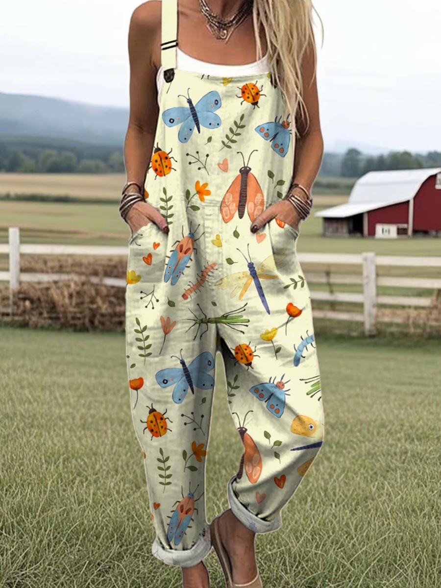 Women's Funny Insects Pattern Art Print Casual 100% Cotton Wide Leg Jumpsuit