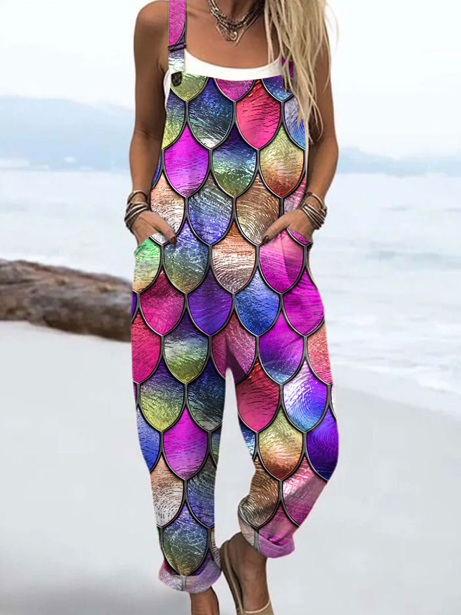 Women's  Vintage Abstract Geometric Art Print Casual 100% Cotton Wide Leg Jumpsuit