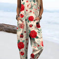 Women's Lovely Floral Pattern Art Print Casual 100% Cotton Wide Leg Jumpsuit