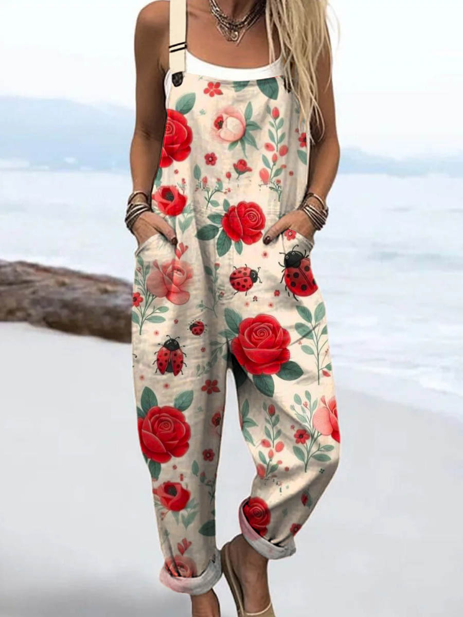 Women's Lovely Floral Pattern Art Print Casual 100% Cotton Wide Leg Jumpsuit
