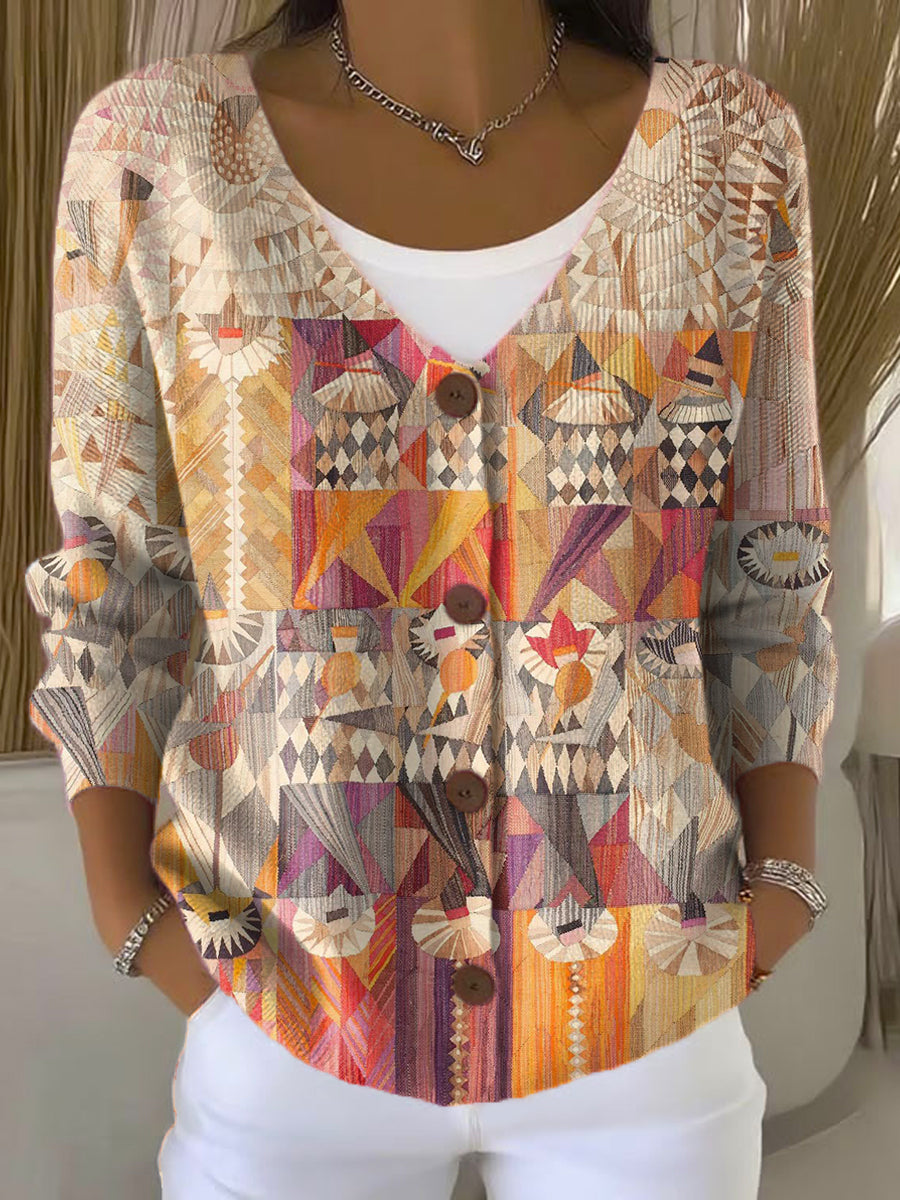 Vintage Geometry Art Print Buttoned V-neck Cardigan Sweater
