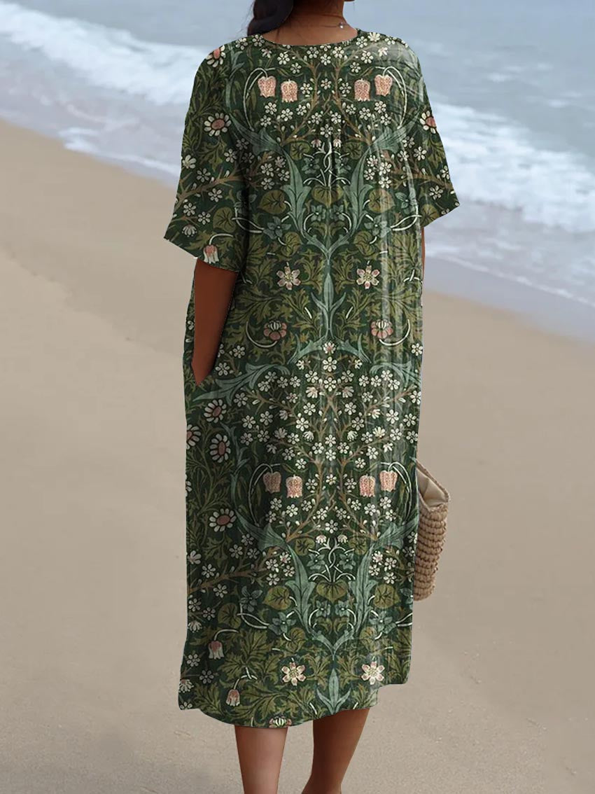 Women's Vintage Lovely Floral Art Print Flowy Dress