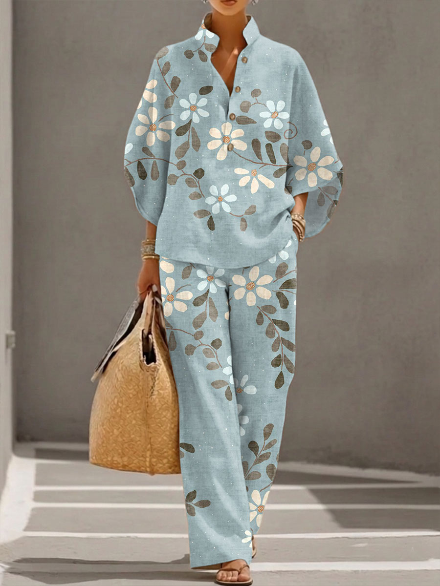 Women's Floral Print Casual Cotton-linen Two-piece Set