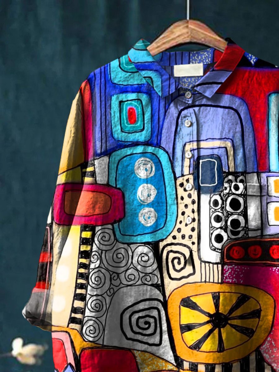 Abstrct Art Printed Women's Casual Cotton And Linen Shirt