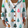 Women's Beautiful Colorful Christmas Tree Painting Art Print Casual Hooded Button Sweater