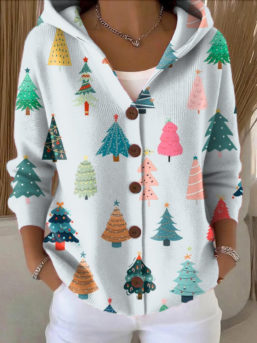 Women's Beautiful Colorful Christmas Tree Painting Art Print Casual Hooded Button Sweater