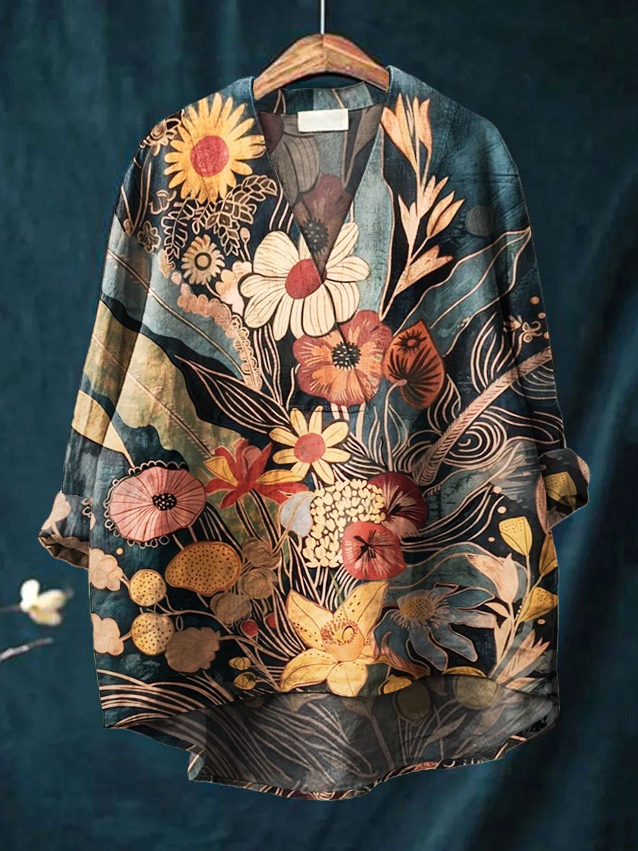 Women's Vintage Flower Art Print Casual Cotton And Linen V-neck Shirt