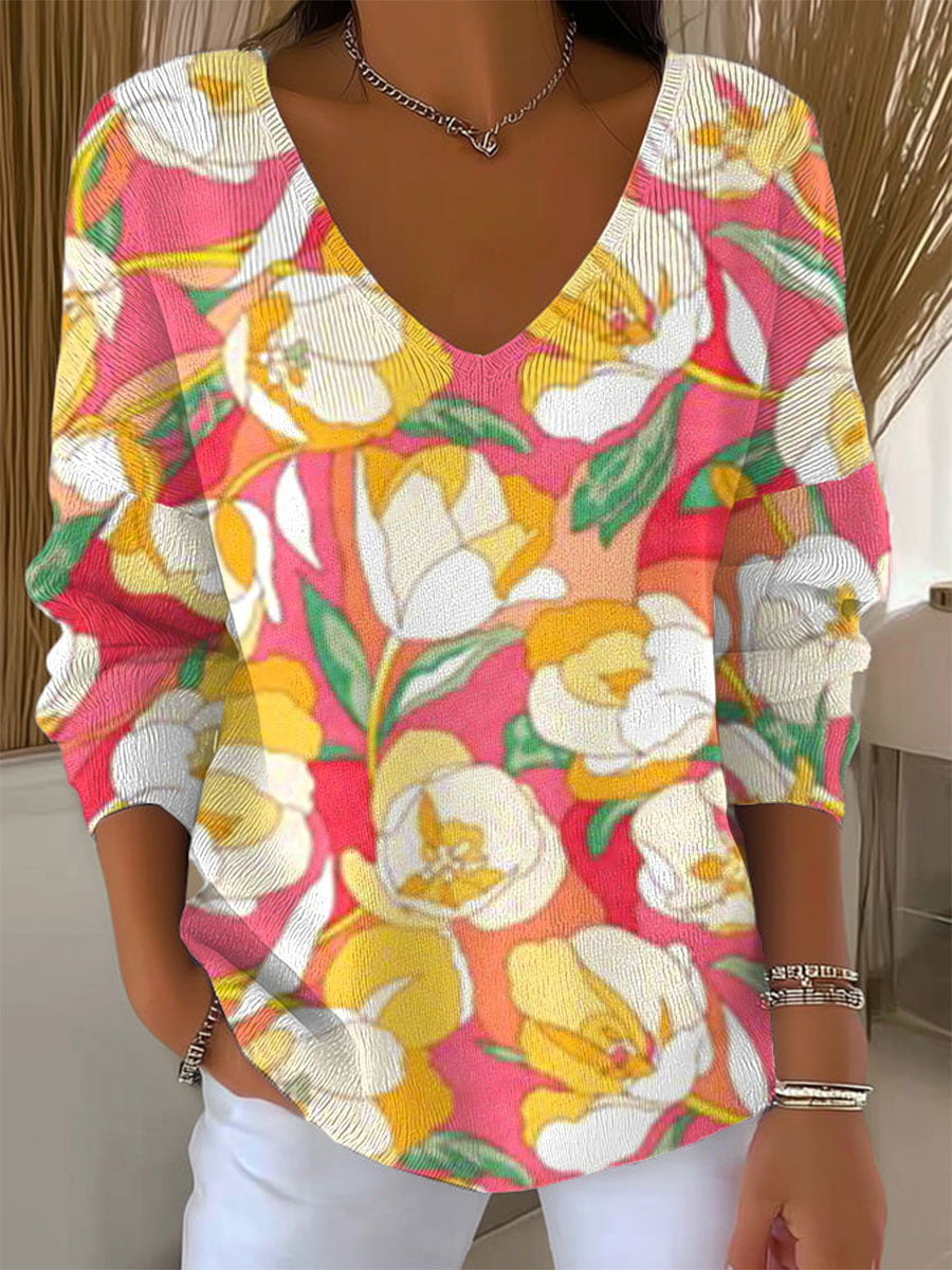 womens-vintage-flower-art-print-casual-pullover-sweater-imwm