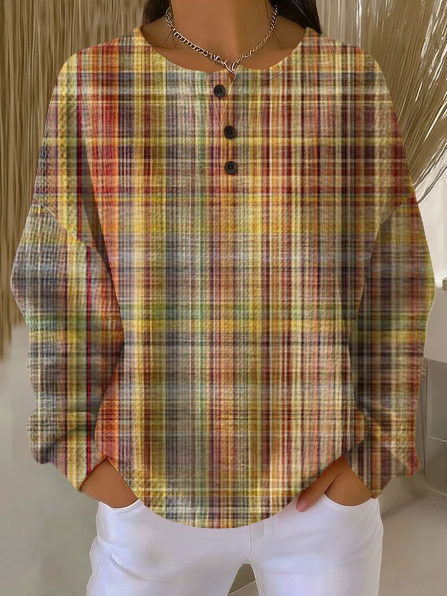 Women's  Vintage  Plaid Art Print Casual Cotton Sweatshirt