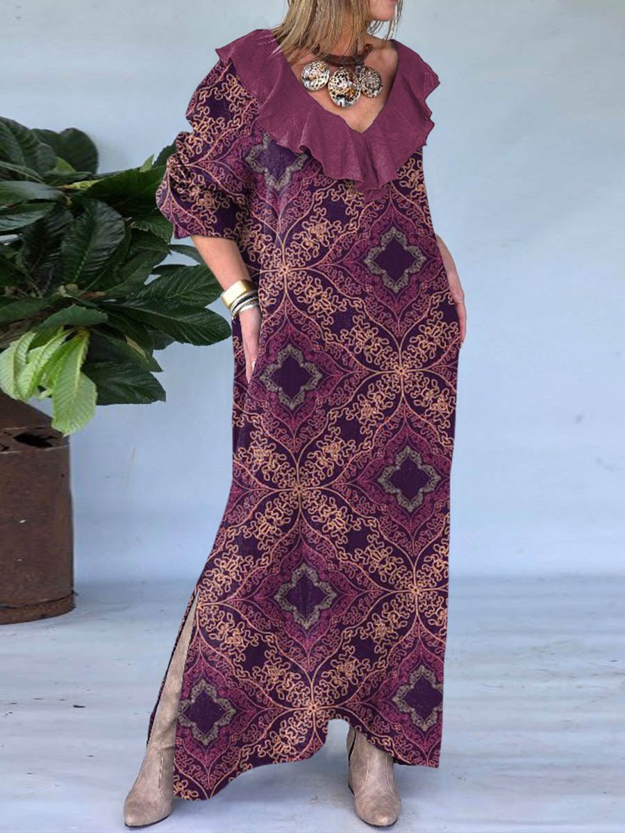 Women's Ruffled V-neck Ethnic Geometric Pattern Print Long Sleeve Casual Cotton and Linen Dress