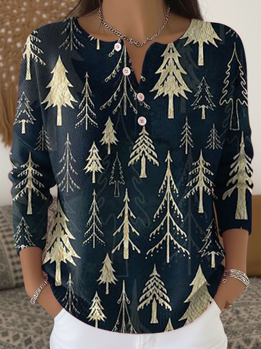 Women's Christmas Tree Pattern Art Print Buttoned Cardigan Sweater