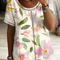 Retro Floral Print & Cutout Webbing Spliced loose-fit Cotton-linen Short-sleeve Shirt