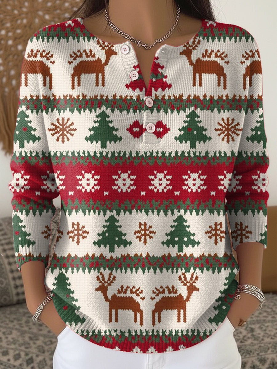 Beautiful Cute Christmas Tree Elk Painting Art Print Buttoned Cardigan Sweater