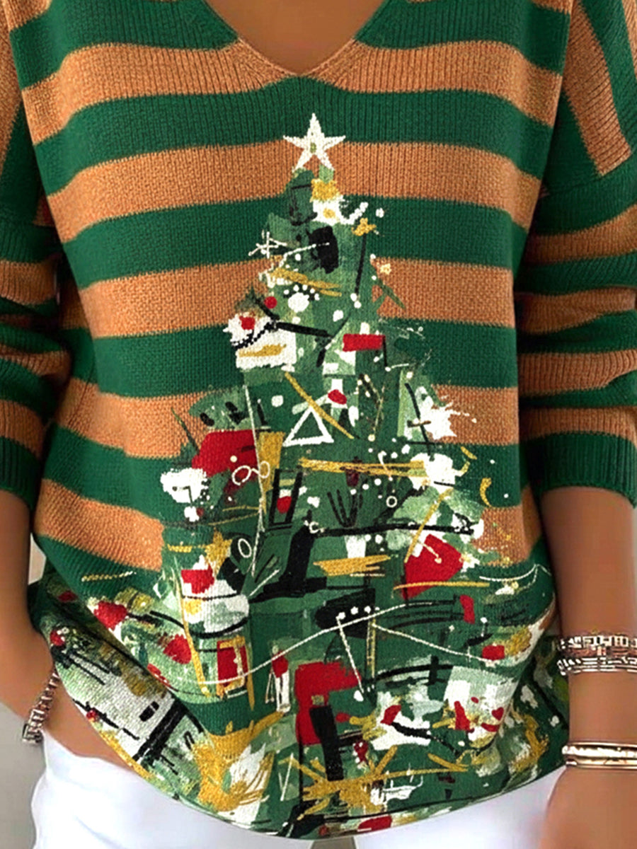 Women's Striped Art Christmas Tree Print Sweater Top