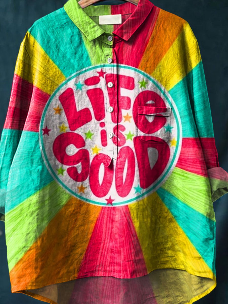 Women's Colorful Life Is Good Art Print Casual Cotton And Linen Shirt