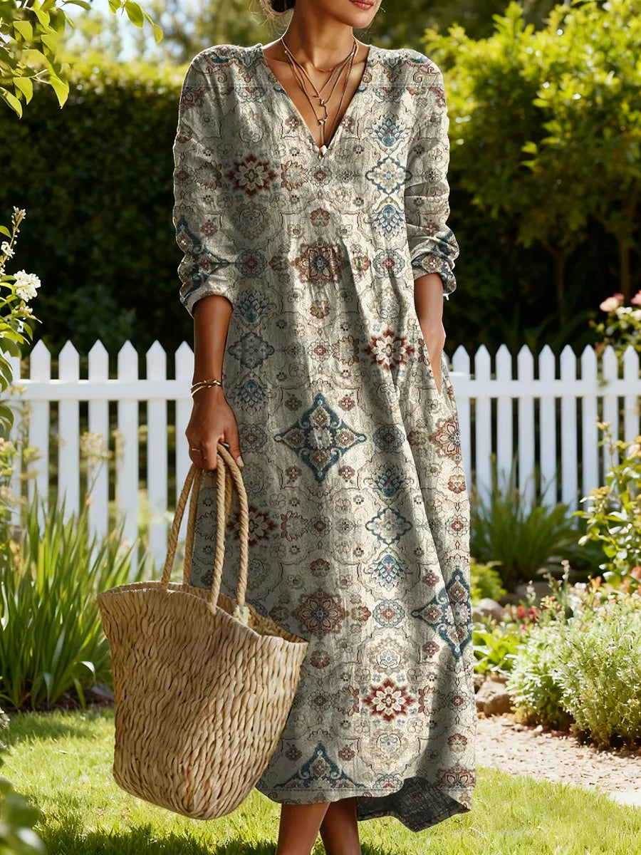 Women's Vintage Flower Art Print Linen Pocket Tunic Dress