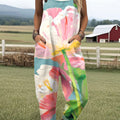 Women's  Vintage Flower Art Print Casual 100% Cotton Wide Leg Jumpsuit