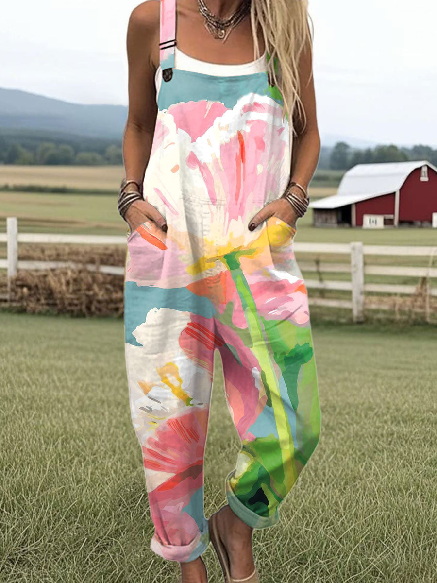 Women's  Vintage Flower Art Print Casual 100% Cotton Wide Leg Jumpsuit