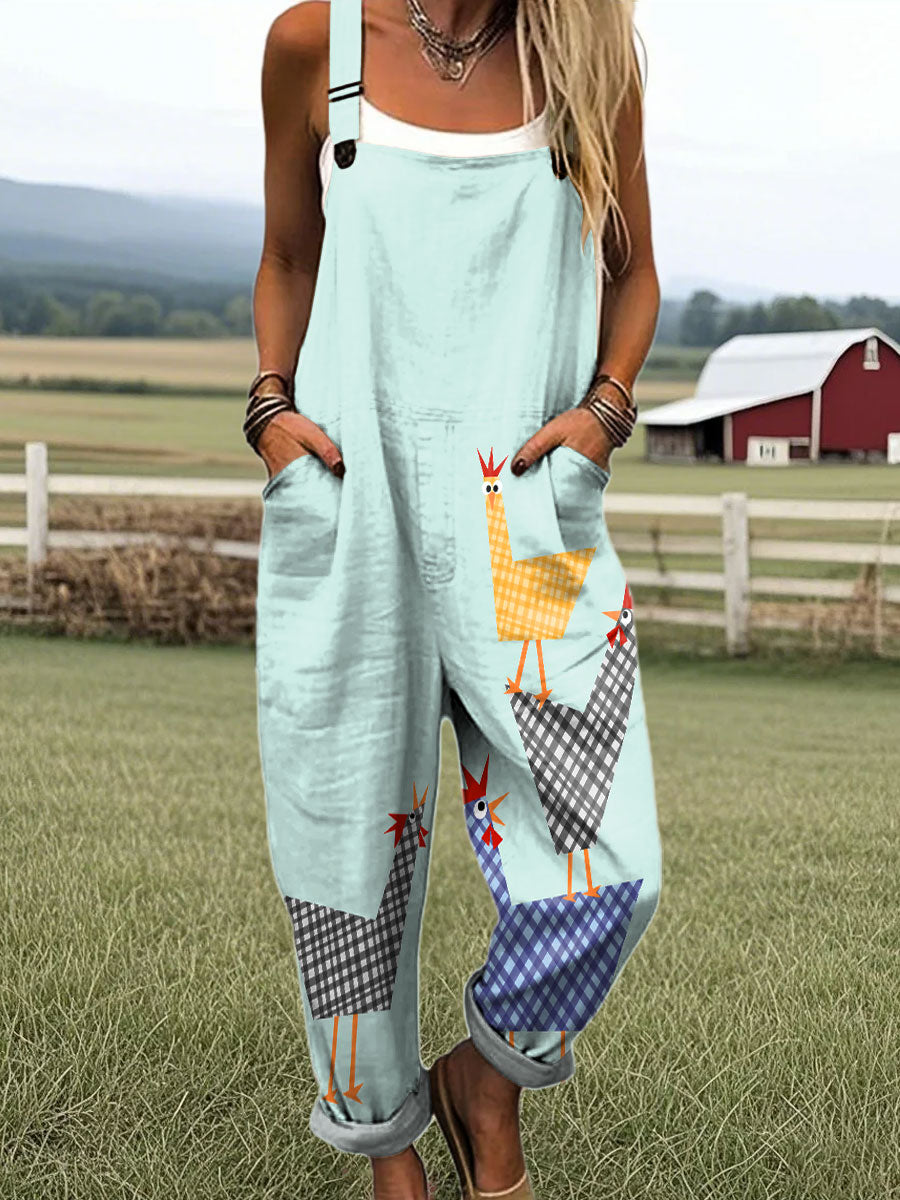 Women's Vintage Abstract Chicken Art Print Casual Cotton Pocket Jumpsuit