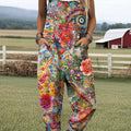 Women's Vintage Floral Pattern Art Print Casual 100% Cotton Wide Leg Jumpsuit