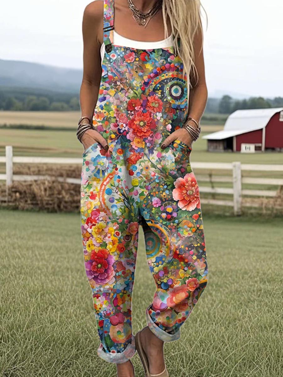 Women's Vintage Floral Pattern Art Print Casual 100% Cotton Wide Leg Jumpsuit