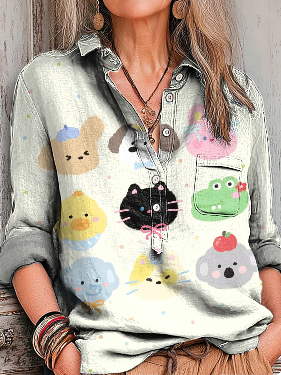 Women's Cute Colorful Animal Head Painting Art Print Casual Cotton And Linen Shirt