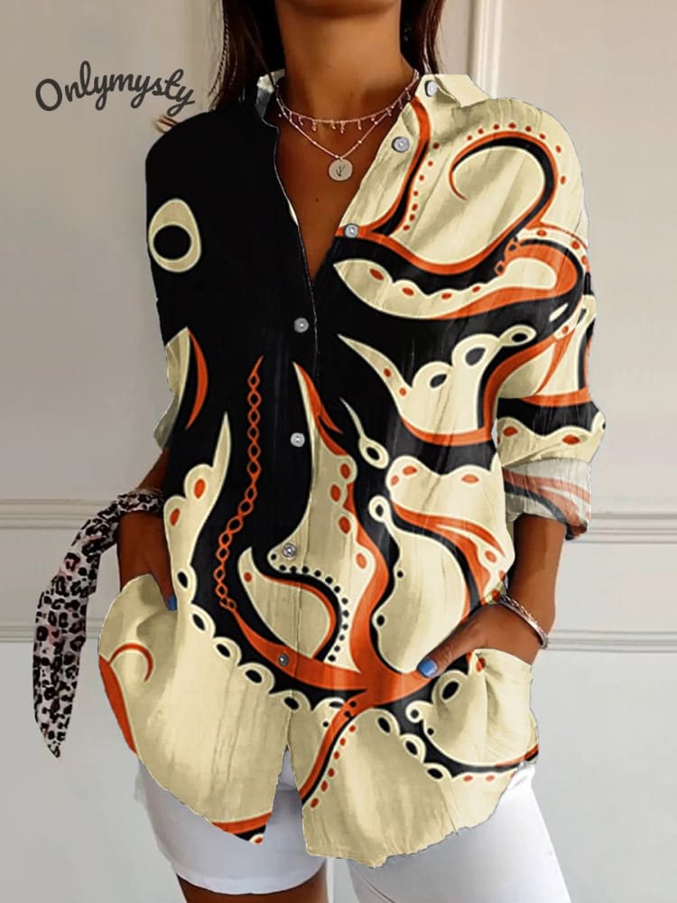 Women's  Retro  Octopus  Art  Print Casual Cotton Shirt
