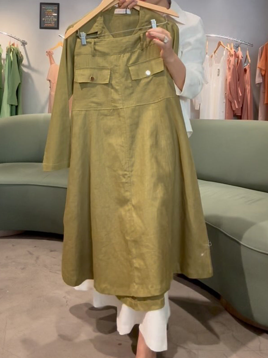 Women's Cotton and Linen Long-sleeved Shirt and Skirt Two-piece Set