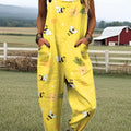 Women's Cute Bee Art Print Casual 100% Cotton Wide Leg Jumpsuit
