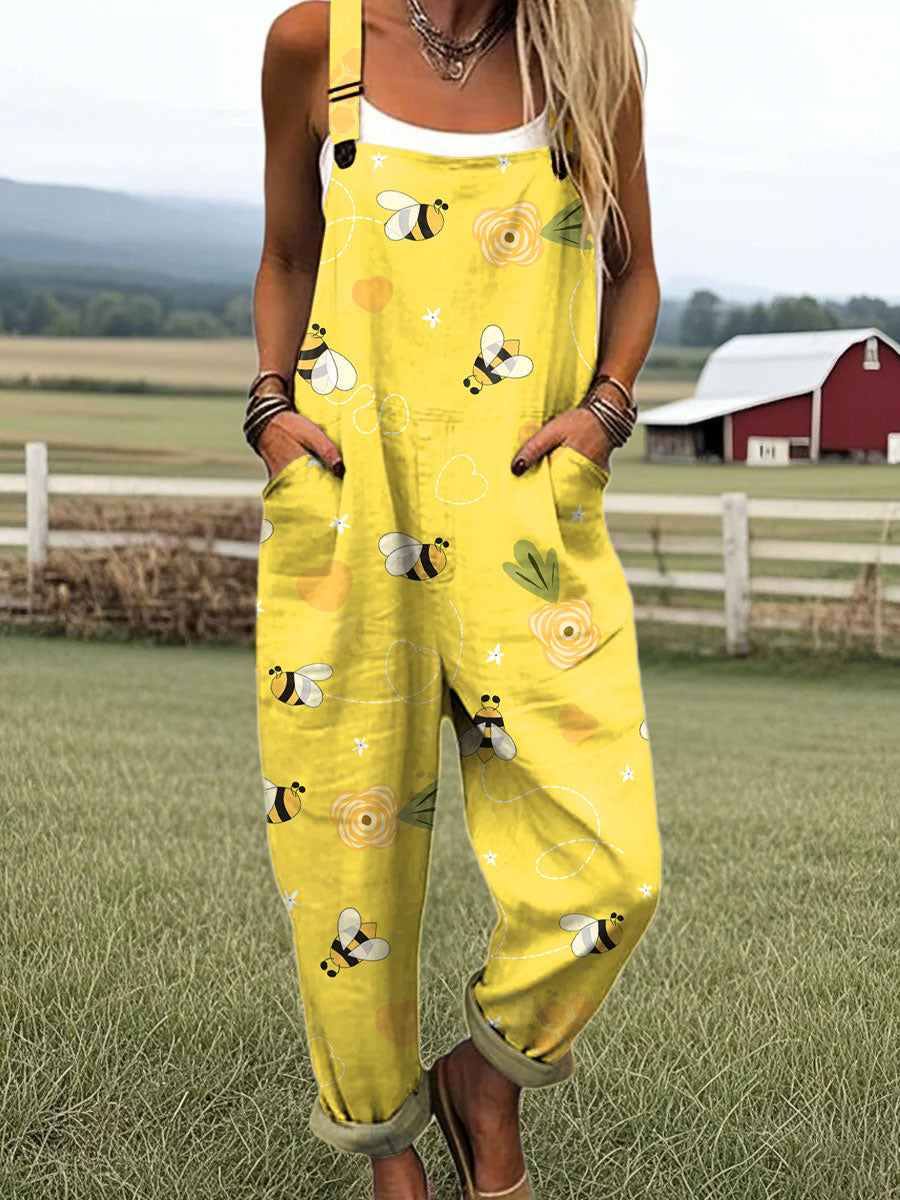 Women's Cute Bee Art Print Casual 100% Cotton Wide Leg Jumpsuit