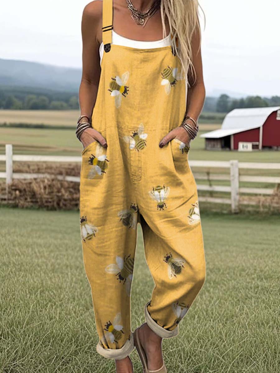 Women's Lovely Bees Art Print Casual 100% Cotton Wide Leg Jumpsuit
