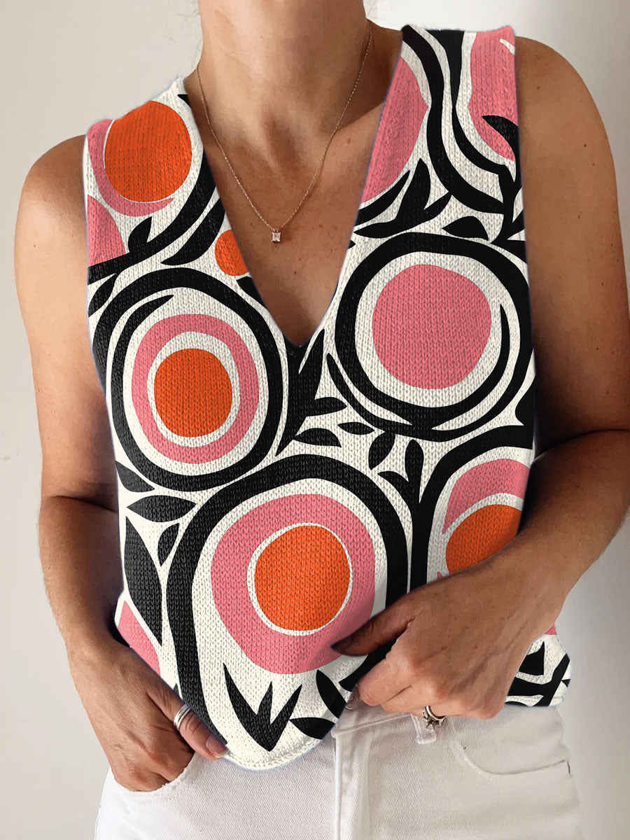 Women's Vintage Abstract Geometry Art Print Casual V Neck Top Knitting