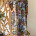 Women's Retro Print V-Neck 3/4 Sleeve Casual Loose Cotton and Linen Dress