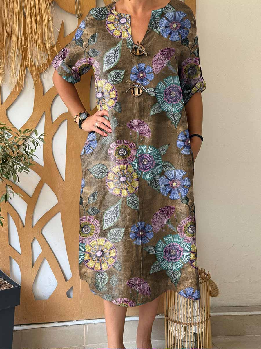 Women's Retro Print V-Neck 3/4 Sleeve Casual Loose Cotton and Linen Dress