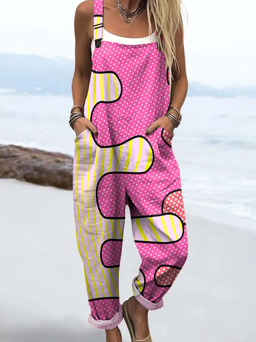 Women's Colorful Abstract Dot Art Print Casual 100% Cotton Wide Leg Jumpsuit