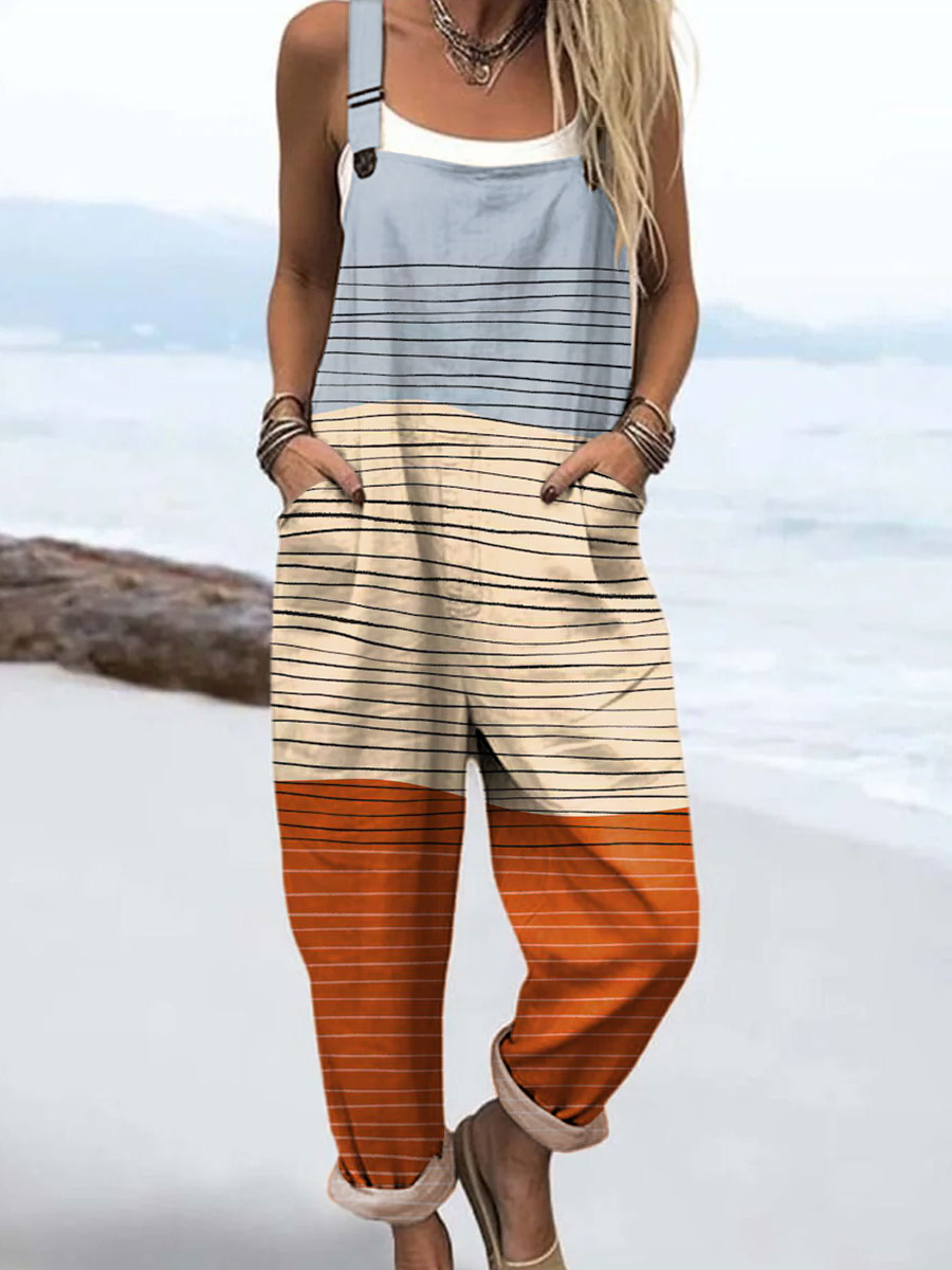 Women's Colorful Abstract Stripes Geometric Art Print Casual 100% Cotton Wide Leg Jumpsuit