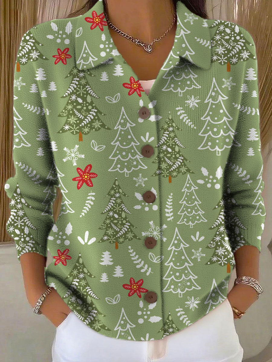 Women's Christmas Tree Art Print Casual Lapel Sweater
