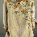 Damenbluse im Vintage-Stil mit floralem Kunstdruck, lässiges Baumwoll-Leinen-Gemisch, 3/4-Ärmel 