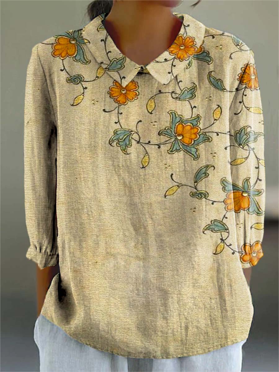 Women's Vintage Floral Art Print Casual Cotton And Linen 3/4 Sleeve Shirt