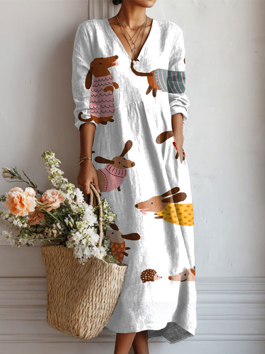 Women's Vintage Dachshund Art Print Linen Pocket Dress