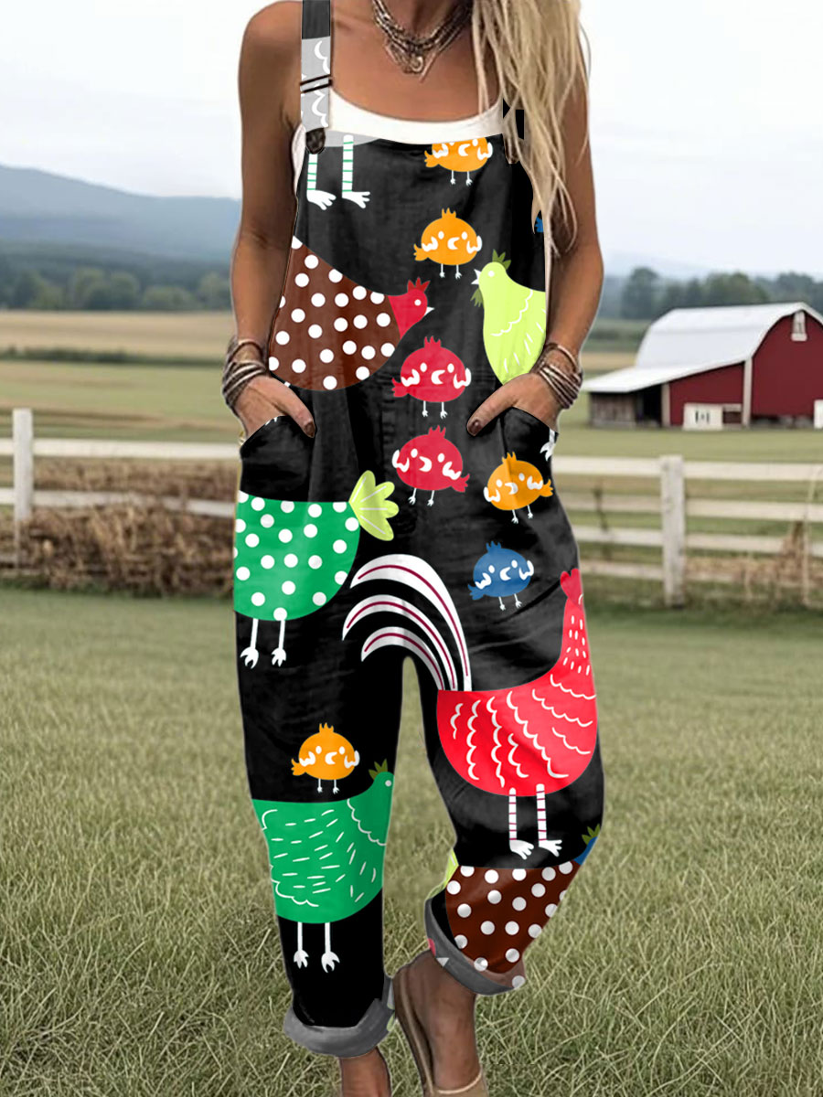 Women's  Happy Funny Rooster Art Print Casual 100% Cotton Wide Leg Jumpsuit