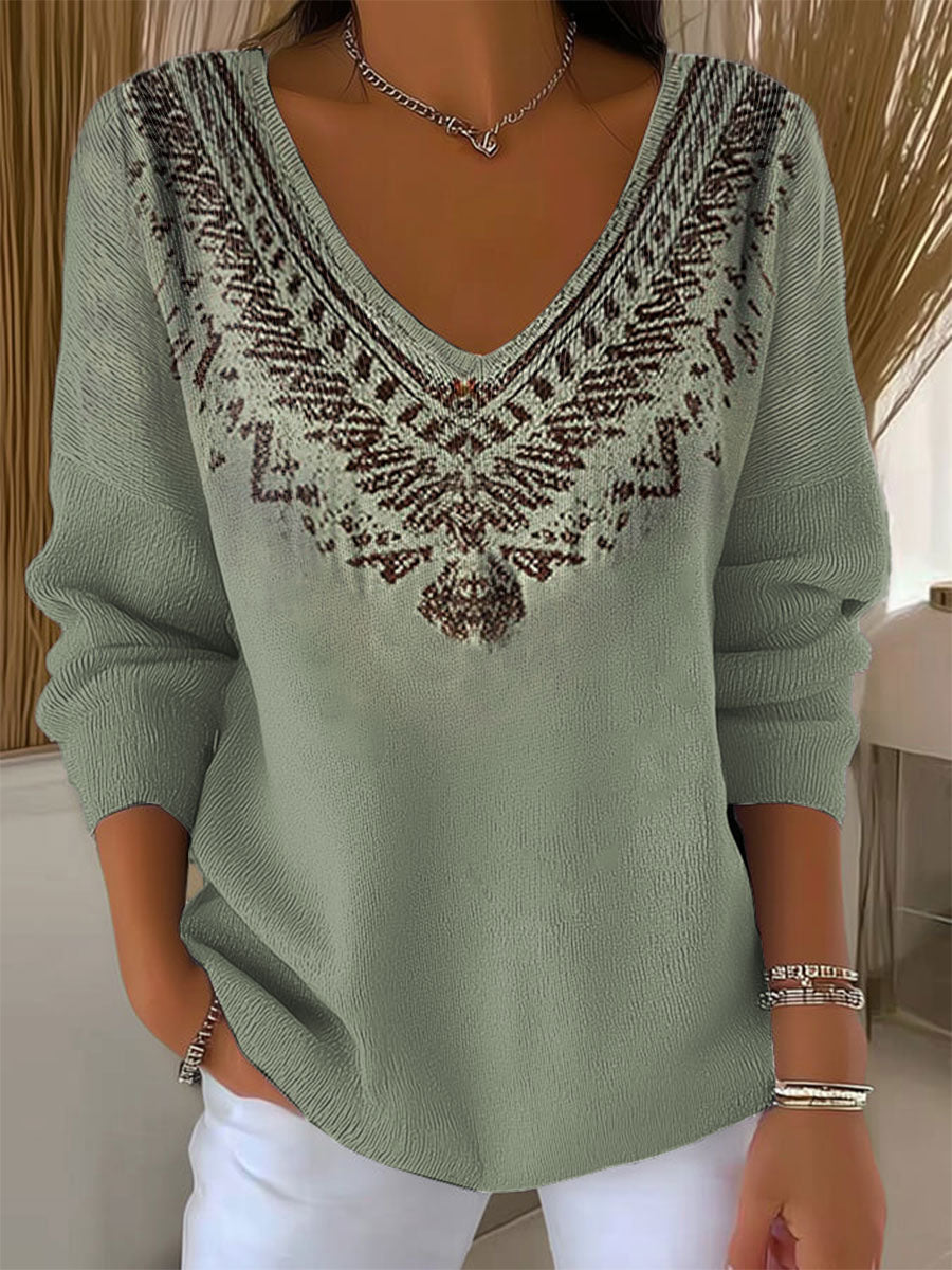 Women's Vintage Floral Art Print Casual Pullover Sweater