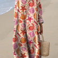 Watercolor Starfish And Seashell Pattern Printed Women's Dress