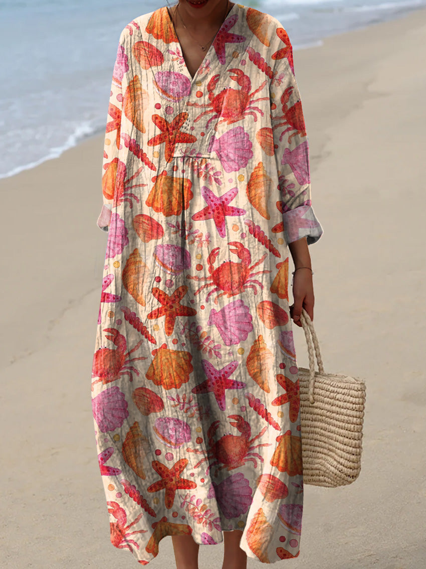 Watercolor Starfish And Seashell Pattern Printed Women's Dress