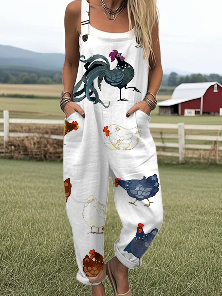 Women's  Funny Chicken Art Print Casual 100% Cotton Wide Leg Jumpsuit