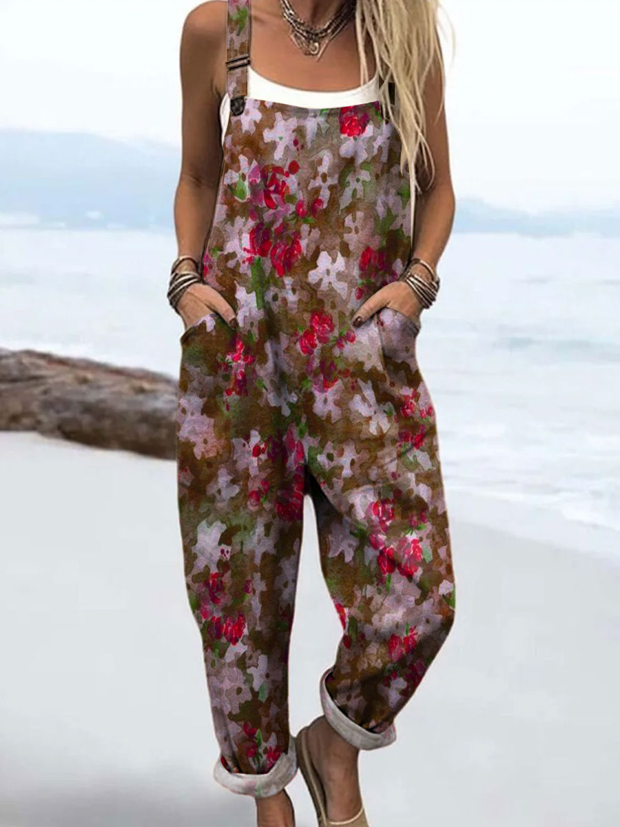 Women's Vintage Flower Art Print Casual 100% Cotton Wide Leg Jumpsuit