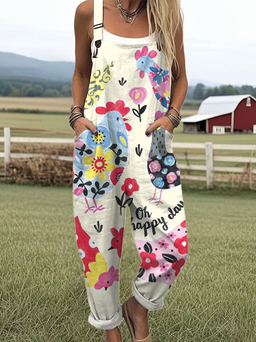 Women's  Funny Chicken Art Print Casual 100% Cotton Wide Leg Jumpsuit